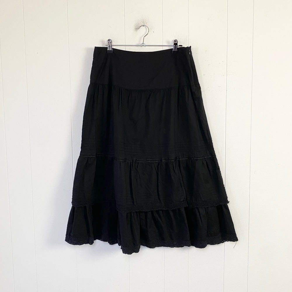 New York & Company Black Tiered Cotton Lace Trim Midi Skirt Size 12 33" Waist